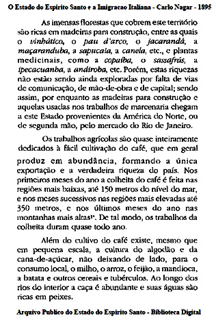 Sem-título A representação da natureza que os imigrantes encontrariam no Brasil do final do século XIX, em relato do consul italiano Carlo Nagar (1895).