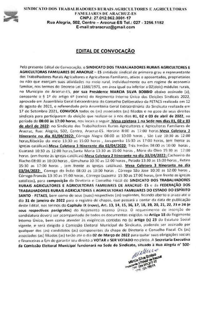 ARACRUZ-1-633x1024 Edital de Convocação para as Eleições Sindicais 2022 - Sindicato dos Trabalhadores Rurais Agricultores e Agricultoras Familiares de Aracruz - ES