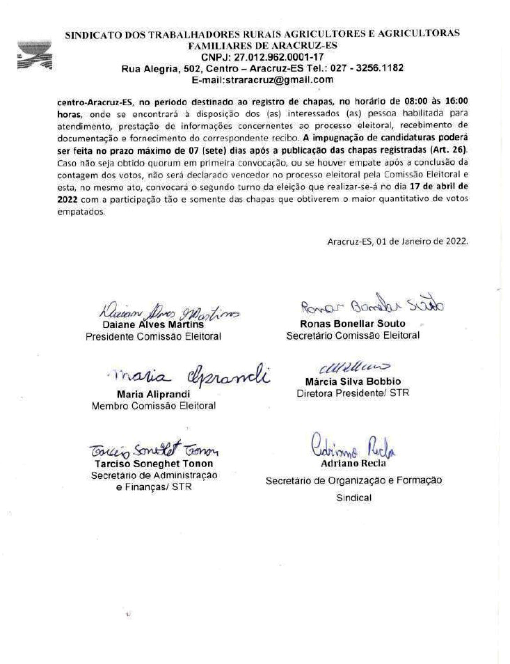 ARACRUZ-2 Edital de Convocação para as Eleições Sindicais 2022 - Sindicato dos Trabalhadores Rurais Agricultores e Agricultoras Familiares de Aracruz - ES