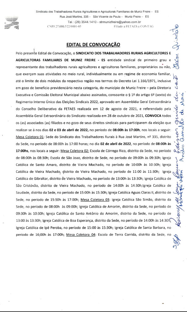 MN-1-614x1024 Edital de Convocação para as Eleições Sindicais 2022 - Sindicato dos Trabalhadores Rurais de Muniz Freire - ES