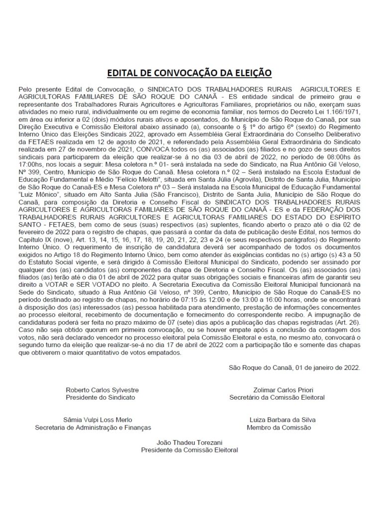 SRC-776x1024 Edital de Convocação para as Eleições Sindicais 2022 – Sindicato dos Trabalhadores Rurais Agricultores e Agricultoras de São Roque do Canaã