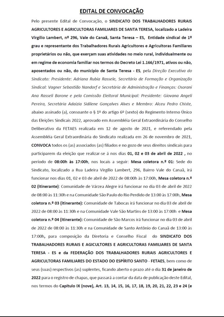 ST-722x1024 Edital de Convocação para as Eleições Sindicais 2022 – Sindicato dos Trabalhadores Rurais Agricultores e Agricultoras de Santa Teresa/ES