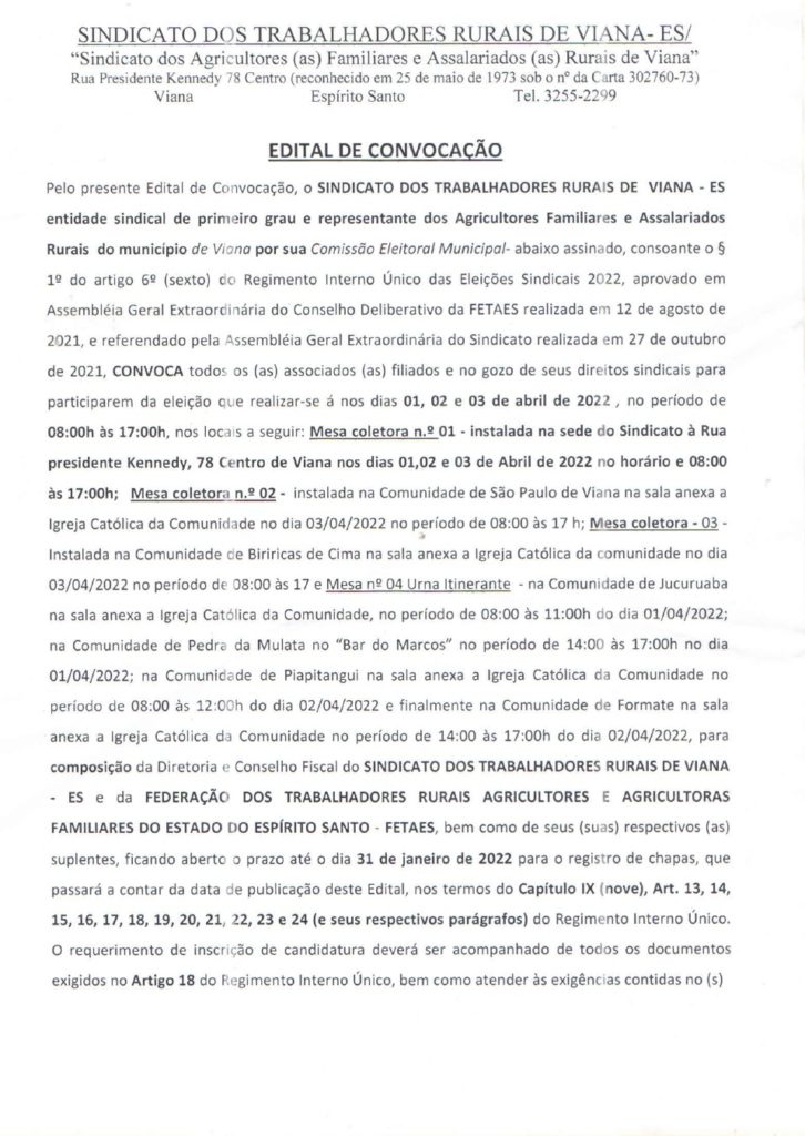 Viana-2-726x1024 Edital de Convocação para as Eleições Sindicais 2022 - Sindicato dos Trabalhadores Rurais de Viana - ES