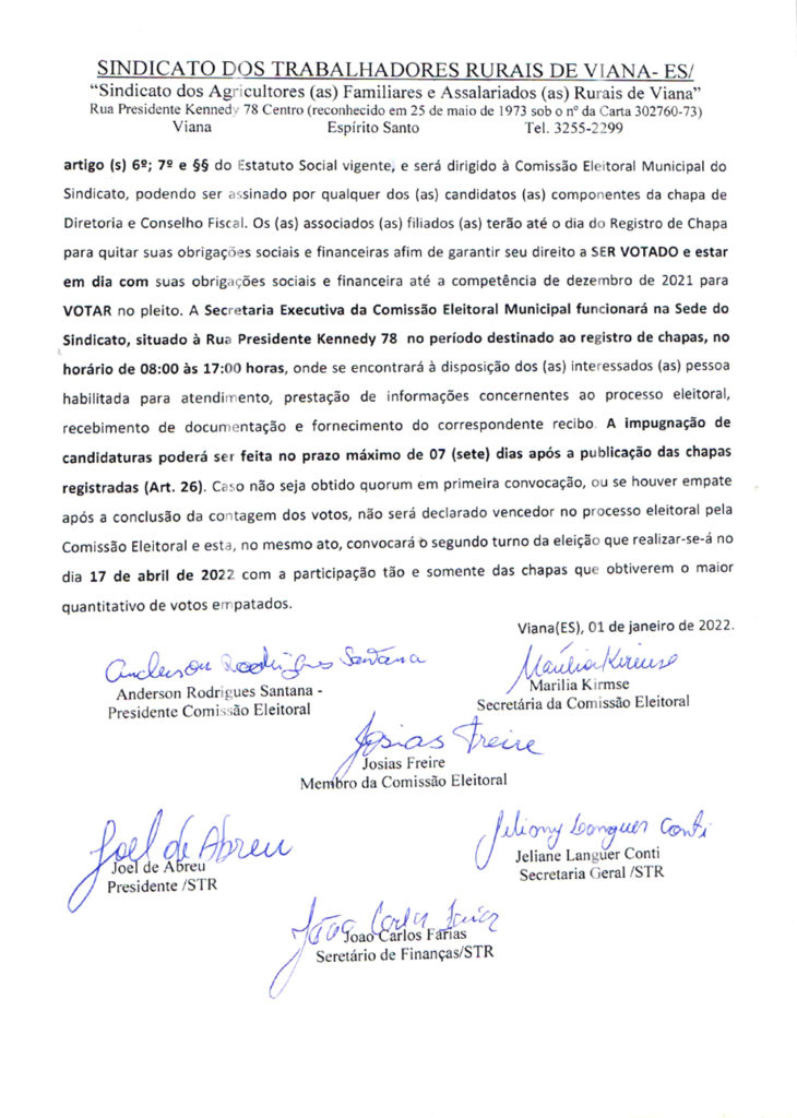 Viana-730x1024 Edital de Convocação para as Eleições Sindicais 2022 - Sindicato dos Trabalhadores Rurais de Viana - ES