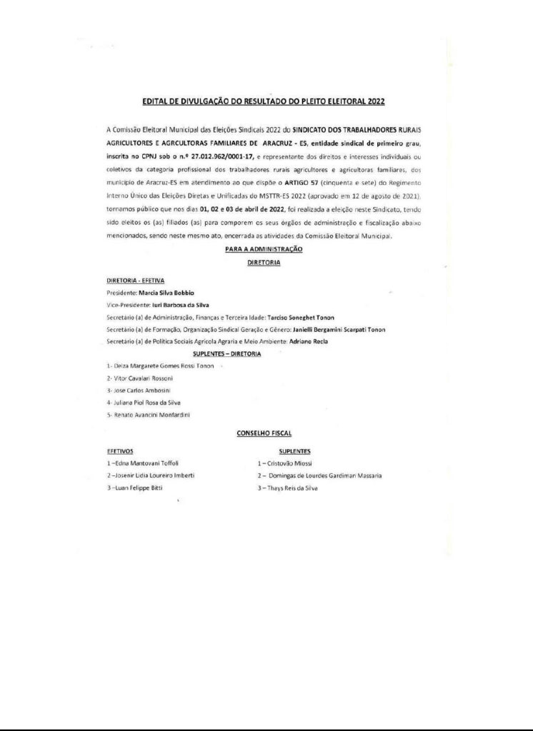 EDITAL-DIVULGAÇÃO-ELEIÇÃO-1-746x1024 Edital de divulgação de Eleição -  Sindicato dos trabalhadores rurais agricultores e agricultoras familiares de Aracruz