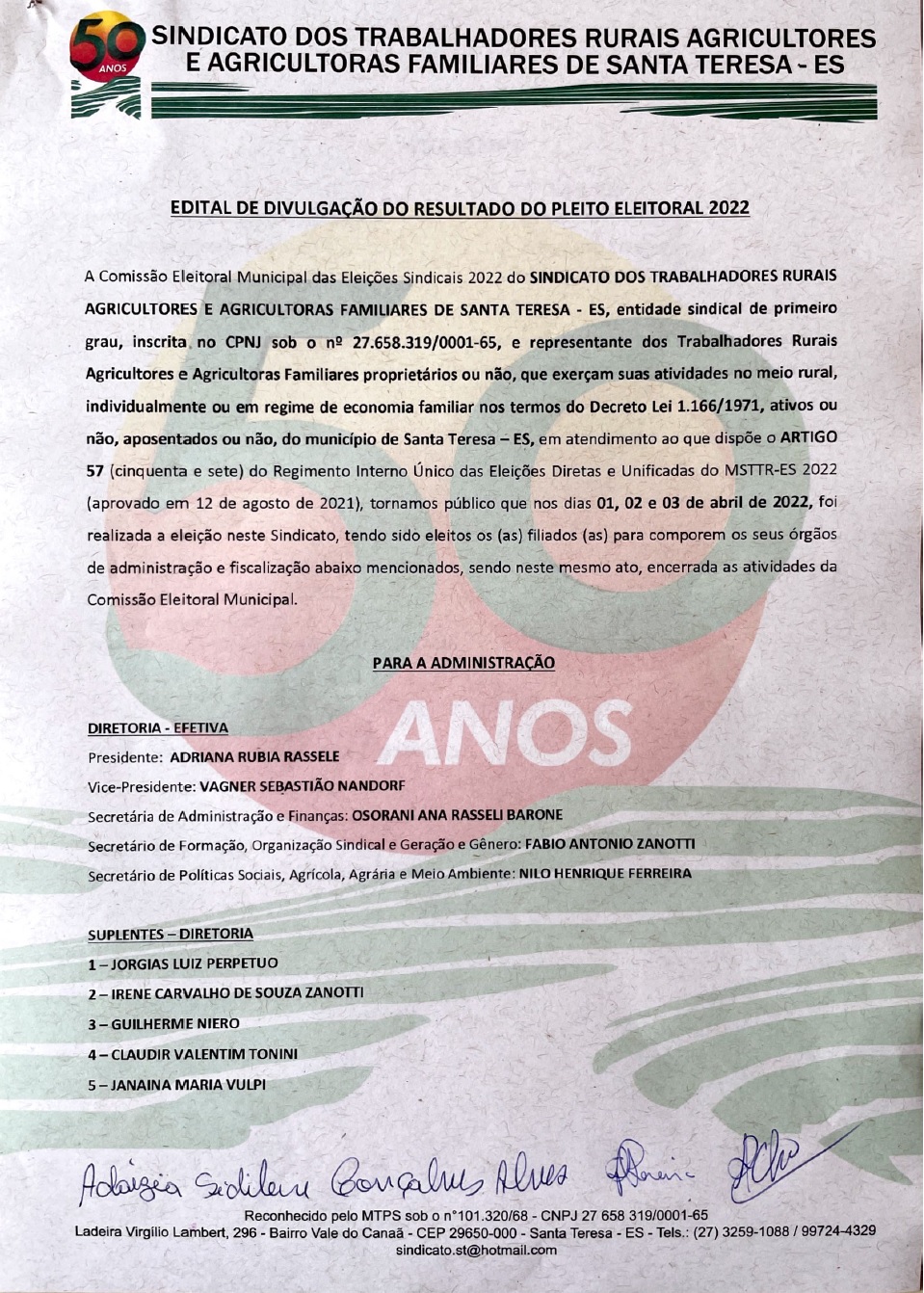 santa-teresa-1 Edital de divulgação de Eleição/2022 – Sindicato dos trabalhadores rurais agricultores e agricultoras familiares de Santa Teresa/ES