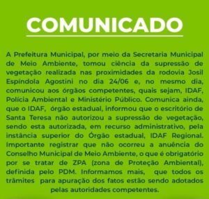 comunicado-300x287 Desmatamento em Santa Teresa teve permissão do Idaf