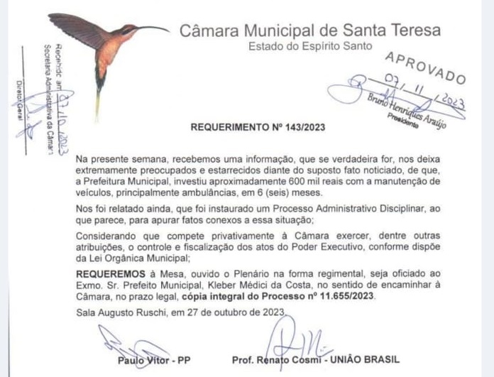 Requerimento-Paulo-Vitor Escândalo na saúde em Santa Teresa