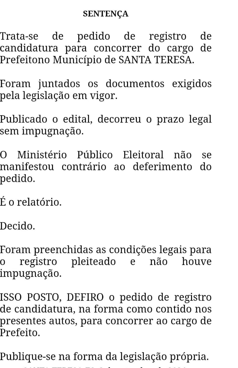ol Deferidas todas as candidaturas em Santa Teresa