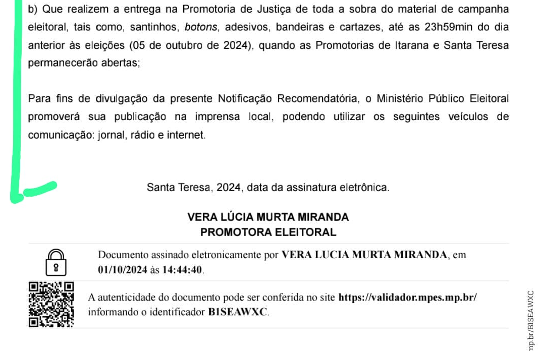 corte MPEES emite Nota visando evitar derramamento de santinhos em Santa Teresa