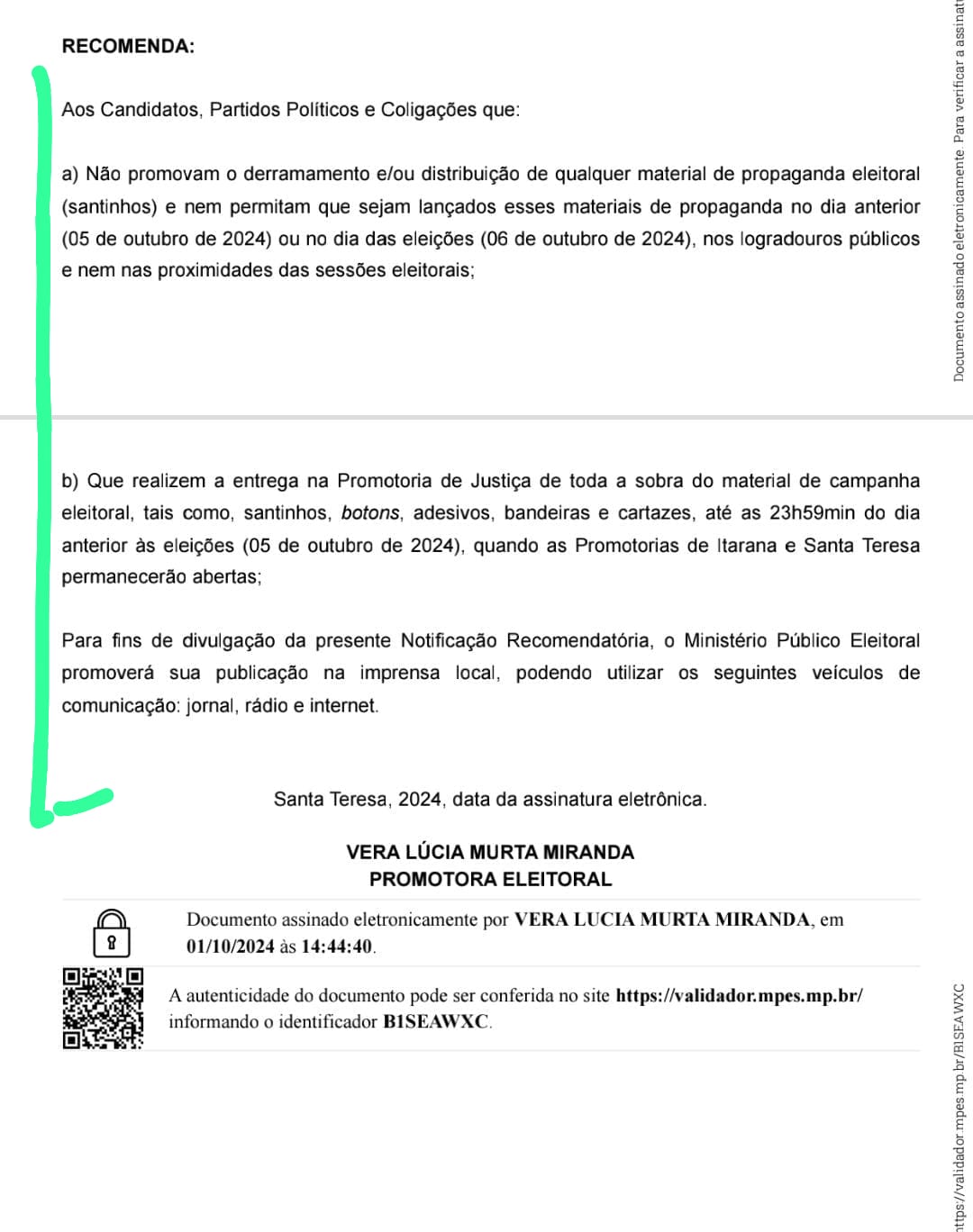 mp2 MPEES emite Nota visando evitar derramamento de santinhos em Santa Teresa